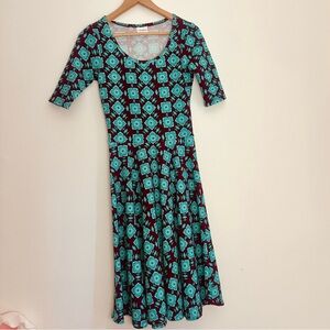 LuLaRoe Nicole Dress XS Fit Flare Knee Length Teal Burgundy Geometric NWOT